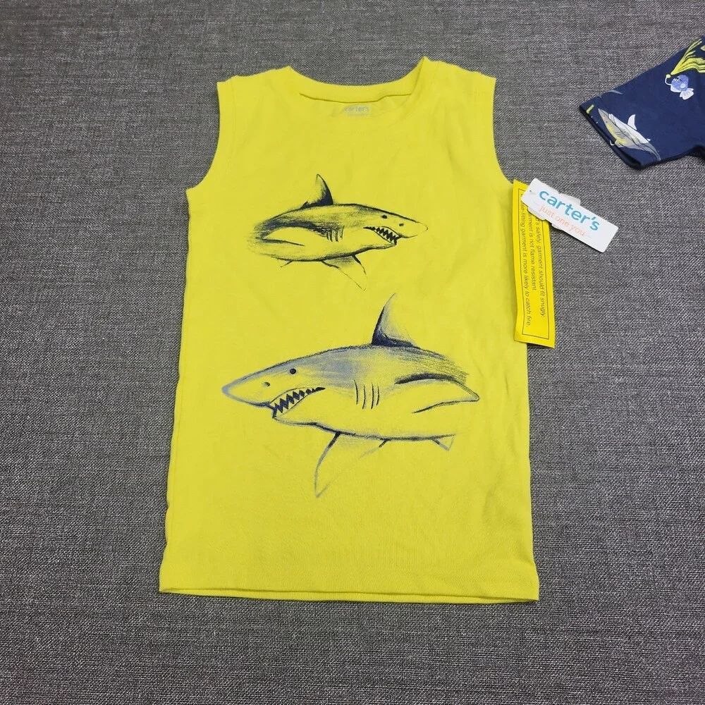 Carter's Just One You Boys' Printed Sharks Pajama Set - Yellow Navy Blue Size 8